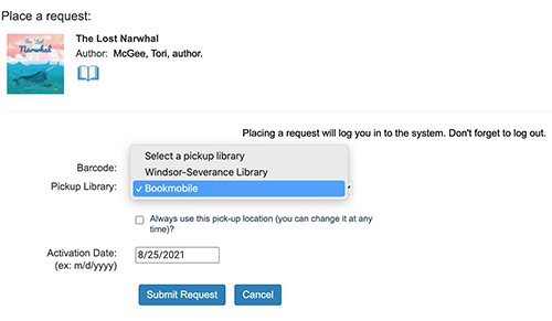 screenshot of catalog selection for bookmobile