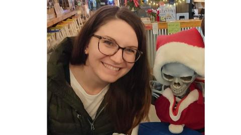 Woman and Santa skeleton