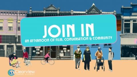 Cartoon people gathering for a showing of the film Join In. 