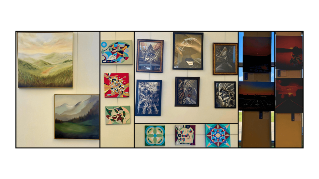 Paintings hung on the walls of the library.