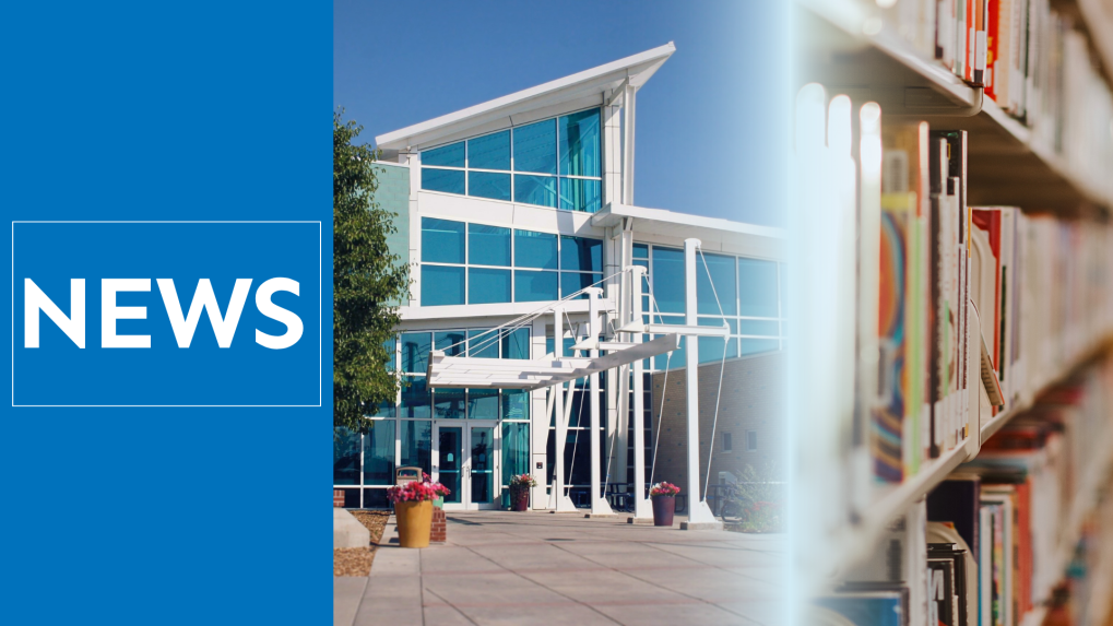 Graphic for a Clearview Library District news article featuring a blue “News” banner beside a photograph of a modern library building and a close-up view of bookshelves, representing library services, discovery, and community access.