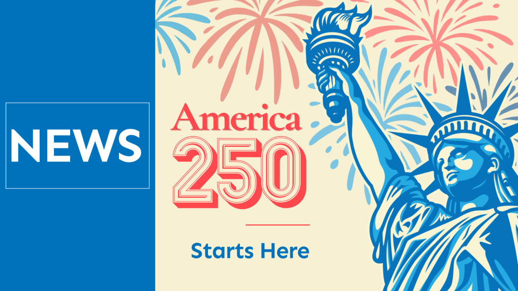 America 250 Starts Here Text with patriotic fireworks and Statue of Liberty