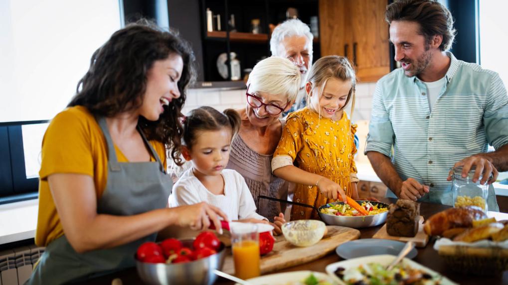 Family cooking in a kitchen.