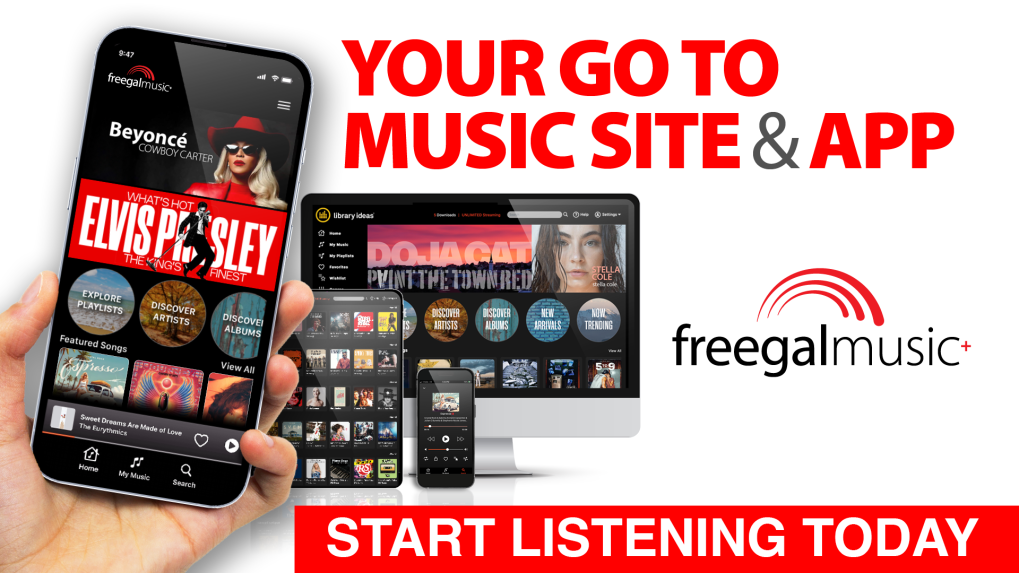 Phone, computer and tablet displaying home screen of Freegal Music.